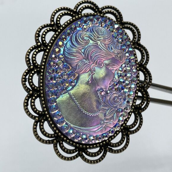 Antique Gold Tone Iridescent Rainbow Clear Cameo Brooch Stunning Cute Victorian - Picture 4 of 6